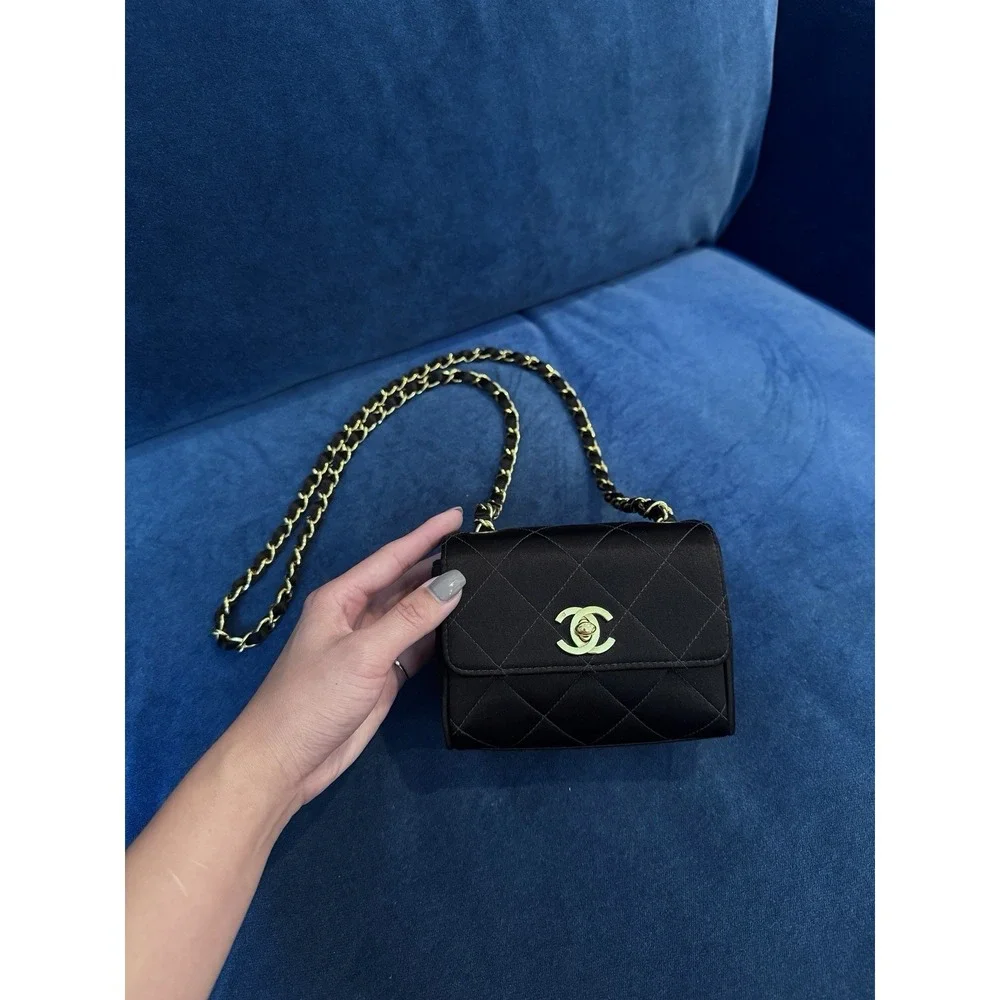 Vintage Chanel Black Satin Mini Square‎ flap Crossbody Bag